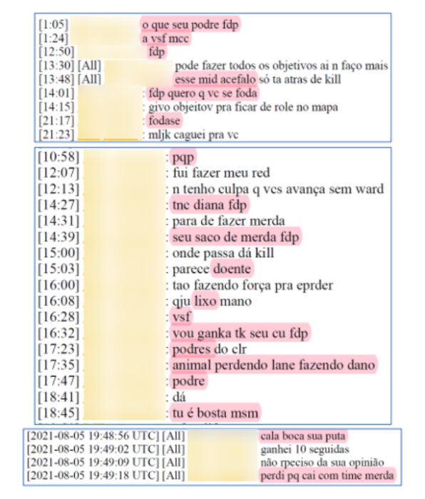 Registros do chat do jogador banido por toxicidade (Imagem: Reprodução/Tecnoblog)