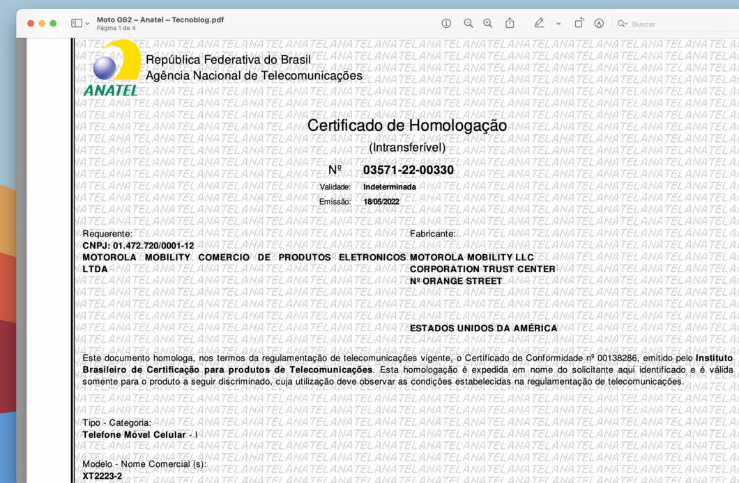 Certificado de homologação do Moto G62 na Anatel (Imagem: Reprodução/Tecnoblog)