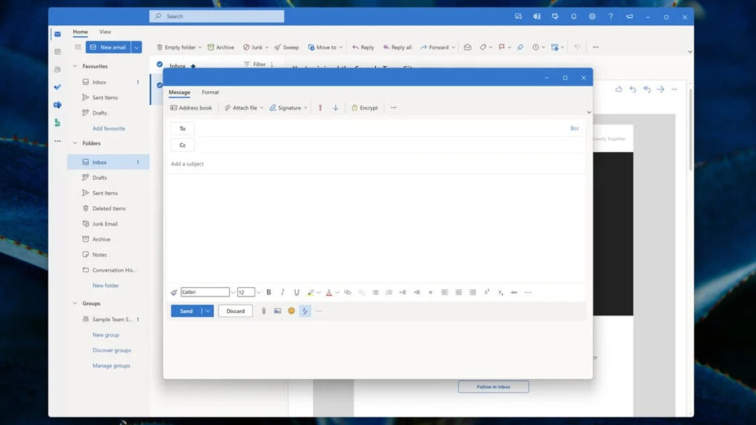 Novo Outlook terá janela separada para escrever e-mails (Imagem: Reprodução/Windows Central)