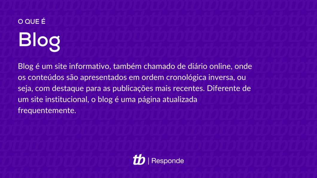 Blog é um site informativo, também chamado de diário online, onde os conteúdos são apresentados em ordem cronológica inversa, ou seja, com destaque para as publicações mais recentes. Diferente de um site institucional, o blog é uma página atualizada frequentemente.