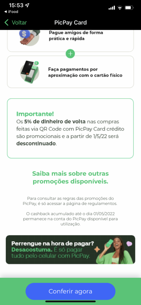 PicPay informa o fim do cashback de 5% ao pagar via QR Code com o cartão (Imagem: Reprodução/Tecnoblog)