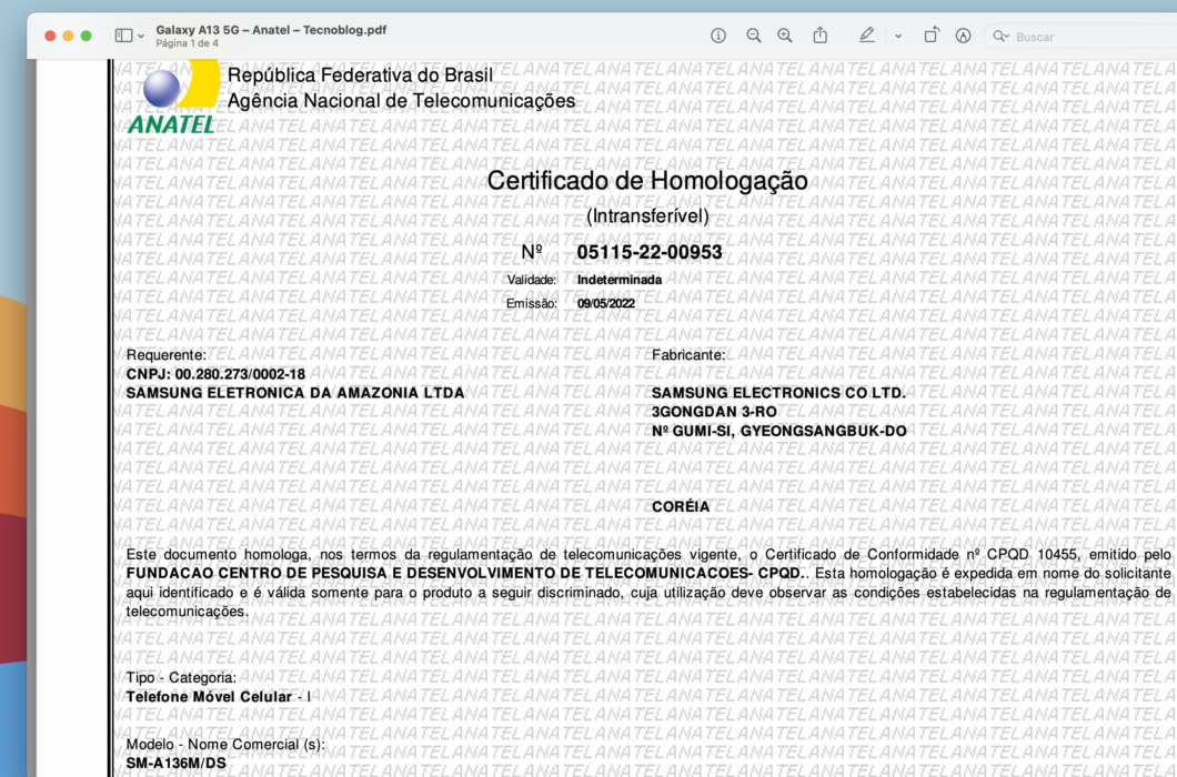 Certificado de homologação do Galaxy A13 5G (Imagem: Reprodução/Tecnoblog)