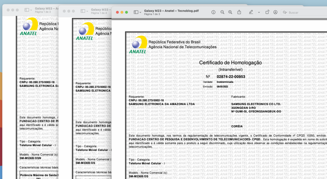 Certificado de homologação do Galaxy M53, M33 e M23 (Imagem: Reprodução/Tecnoblog)
