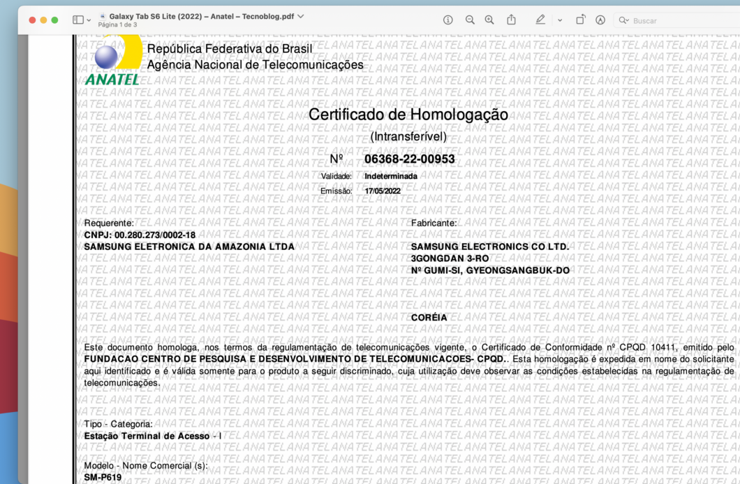 Certificado de homologação do Galaxy Tab S6 Lite (2022) (Imagem: Reprodução/Tecnoblog)