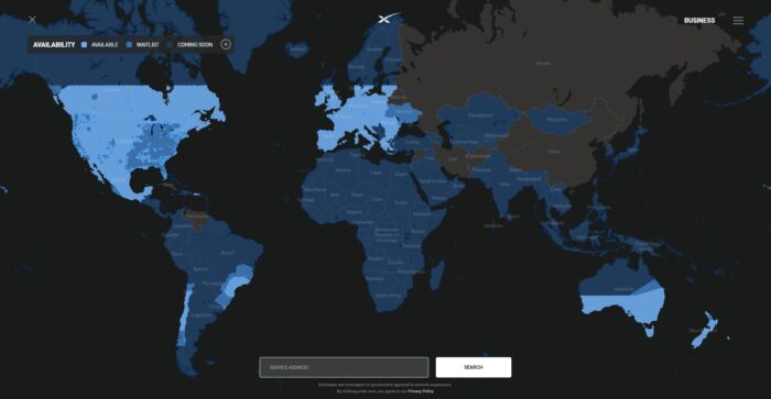Mapa de disponibilidade da rede Starlink (imagem: reprodução/Starlink)