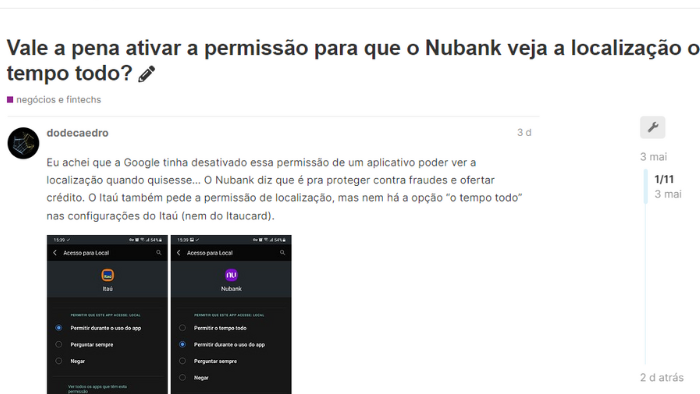 tópico da comunidade sobre deixar o nubank ver a localização o tempo todo