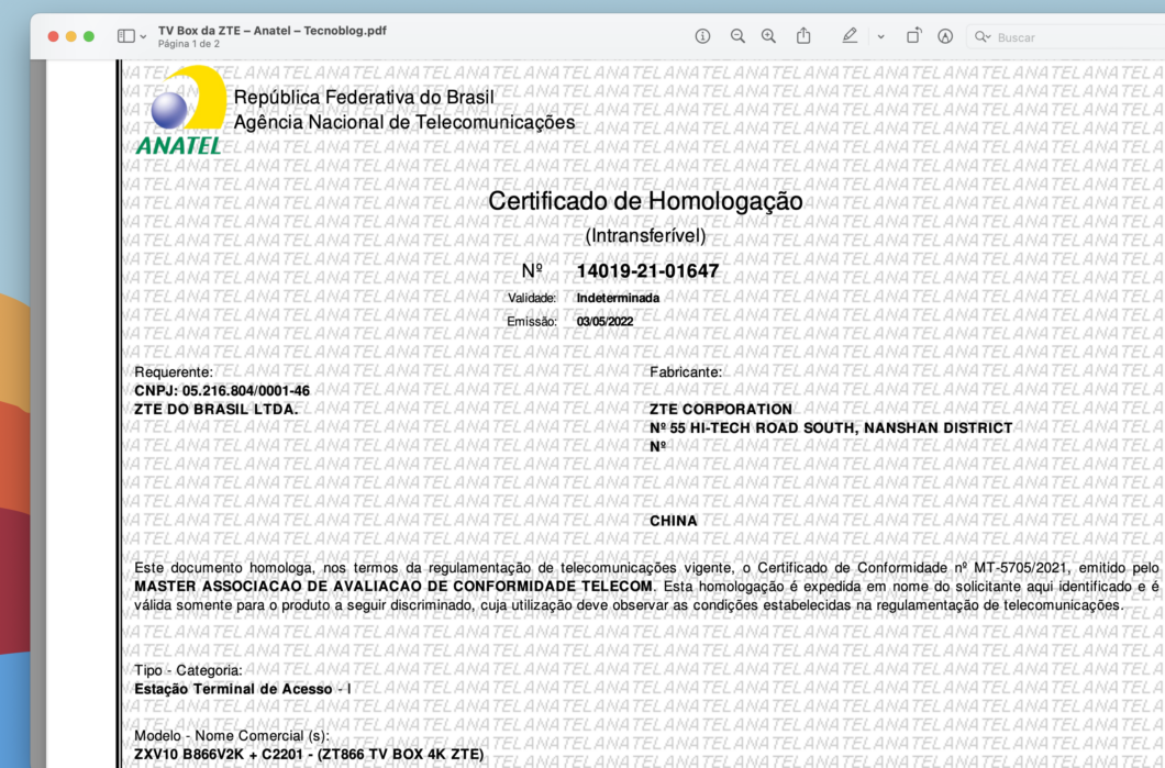 Certificado de homologação da ZT866 TV Box 4K ZTE (Imagem: Reprodução/Tecnoblog)