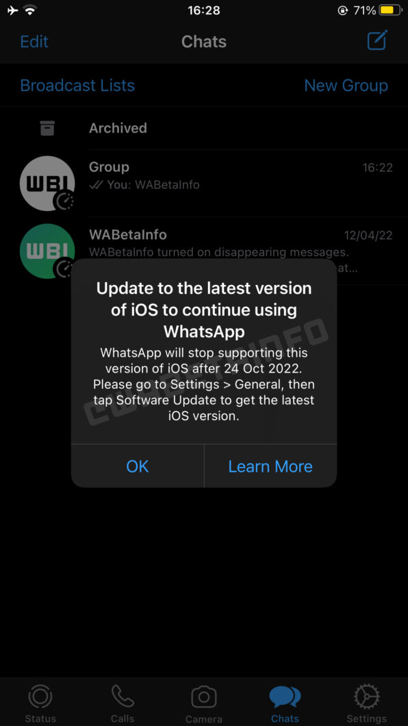 WhatsApp deixará de funcionar no iOS 10 e iOS 11 (Imagem: Reprodução/WABetaInfo)
