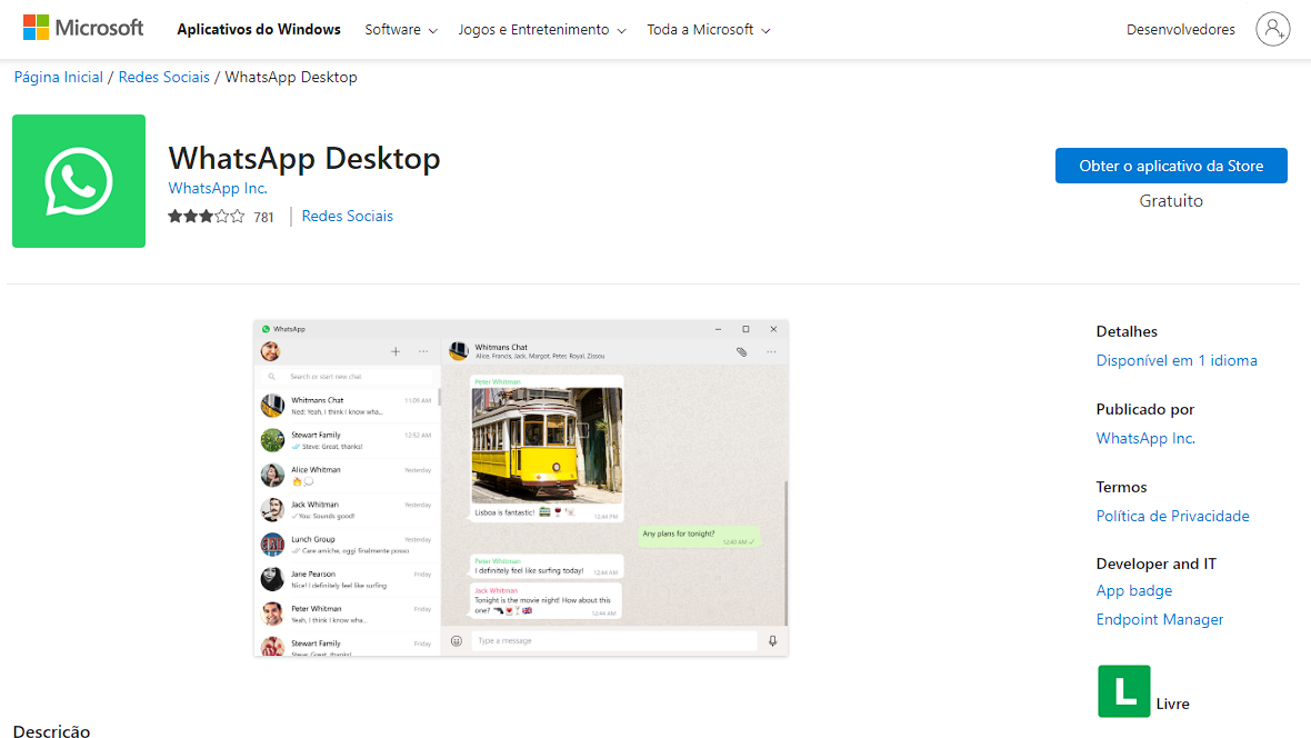 WhatsApp Web Lento? App para desktop pode te ajudar (Imagem: Reprodução/Microsoft Store)