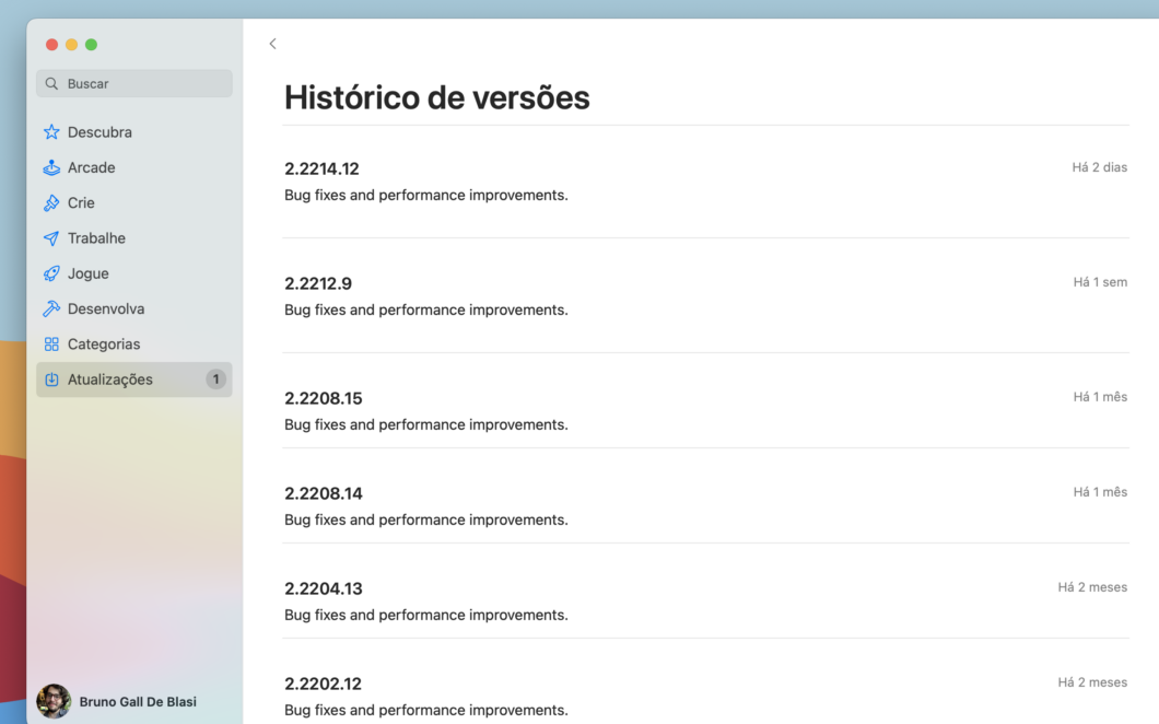 App Store do macOS mostra histórico de atualizações (Imagem: Reprodução/Tecnoblog)