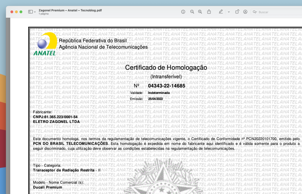 Certificado de homologação do Ducali Premium (Imagem: Reprodução/Tecnoblog)