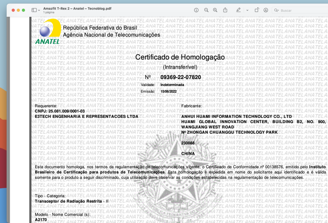 Certificado de homologação do Amazfit T-Rex 2 (Imagem: Reprodução/Tecnoblog)