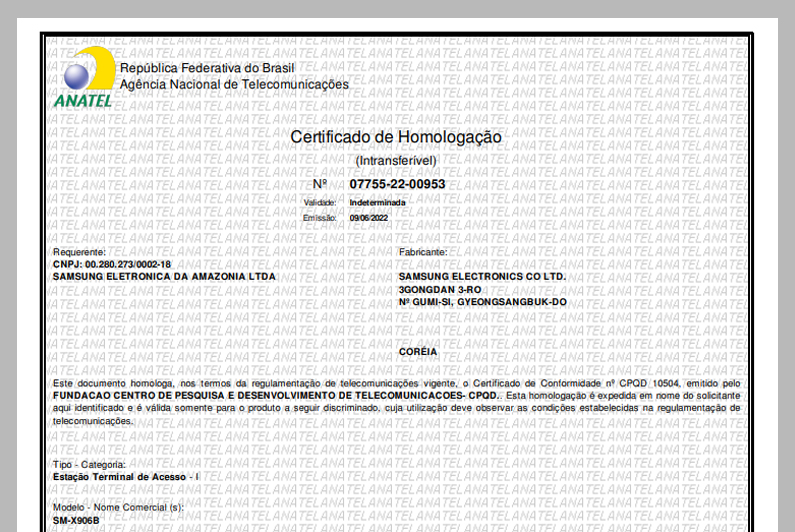 Certificado de homologação do Galaxy Tab S8 Ultra (Imagem: Reprodução/Tecnoblog)
