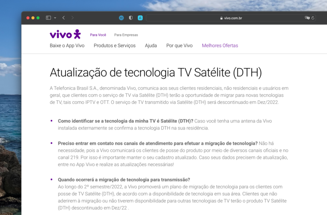 Novo comunicado da Vivo indica migração de clientes que usam TV DTH
