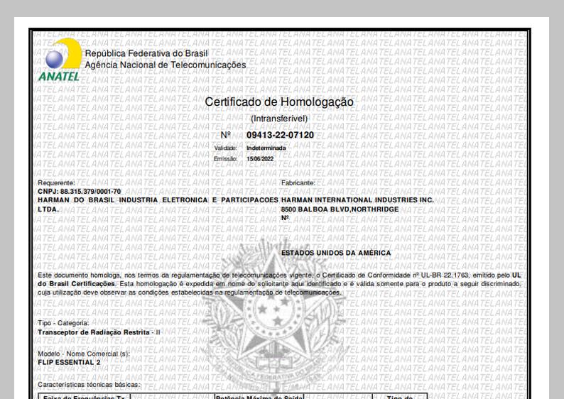 Certificado de homologação da JBL Flip Essential 2 (Imagem: Reprodução/Tecnoblog)
