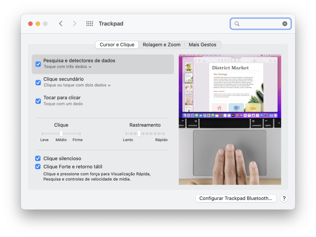 Configurações de "Cursos e Clique" no trackpad do macOS (Imagem: Reprodução/Tecnoblog)