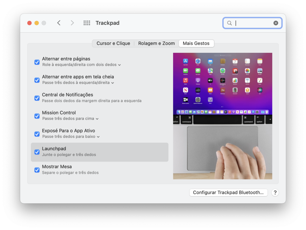Configurações de "Mais Gestos" no trackpad do macOS (Imagem: Reprodução/Tecnoblog)