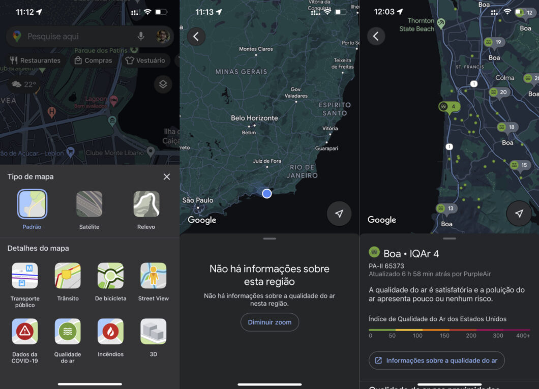 Google Maps agora mostra qualidade do ar no iPhone e Android (Imagem: Reprodução/Tecnoblog)