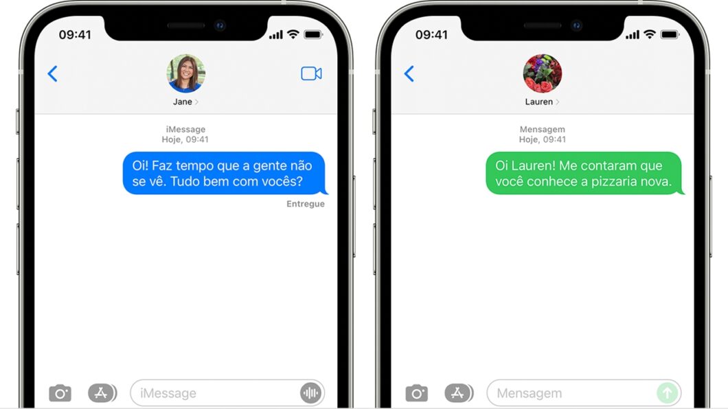 iMessage à esquerda, SMS à direta (Imagem: Reprodução/Apple)