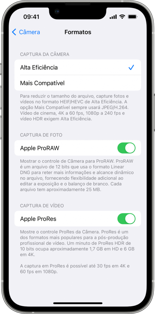 Usuários precisam ativar o ProRes para usá-lo no iPhone 13 Pro (Imagem: Reprodução/Apple)