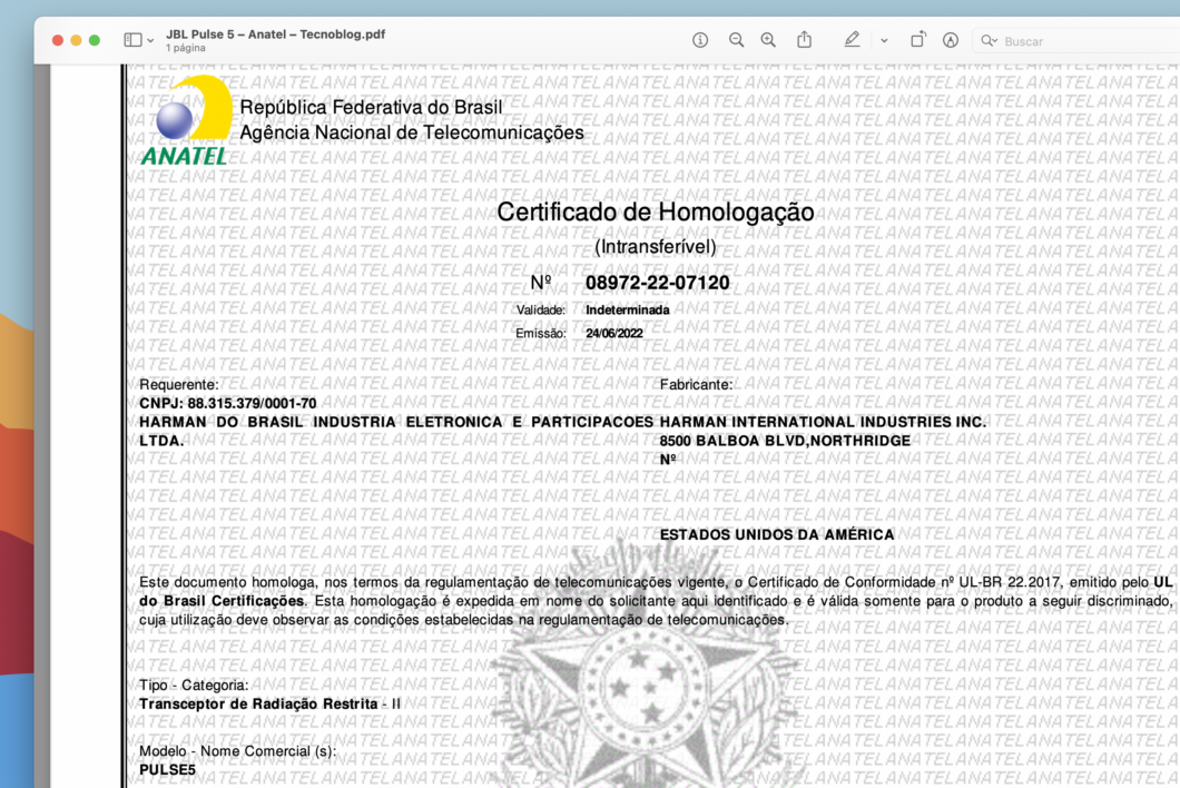 Certificado de homologação JBL Pulse 5 (Imagem: Reprodução/Tecnoblog)