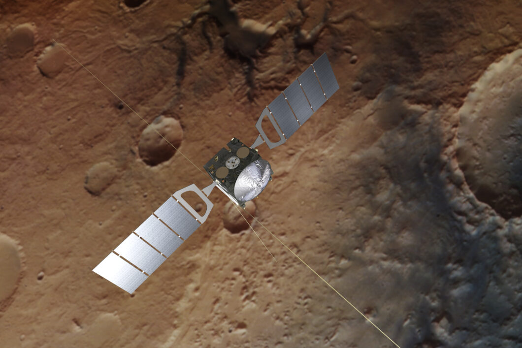 Representação artística da Mars Express, com uma imagem real de Marte ao fundo