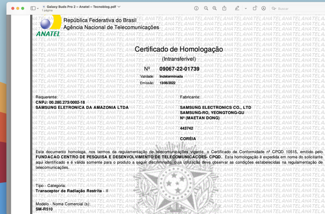 Certificado de homologação do Galaxy Buds Pro 2 (Imagem: Reprodução/Tecnoblog)
