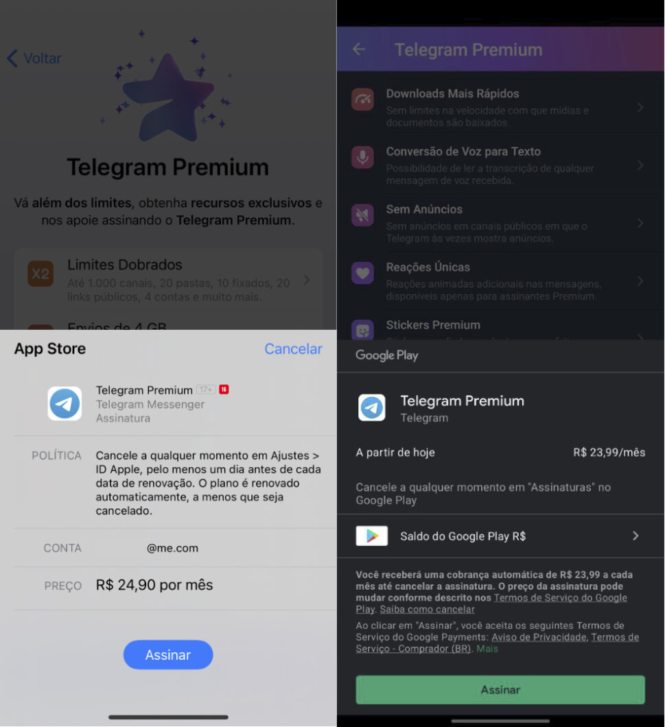 Preços do Telegram Premium ao fazer a assinatura pela App Store (iPhone) e Play Store (Android) (Imagem: Reprodução/Tecnoblog)