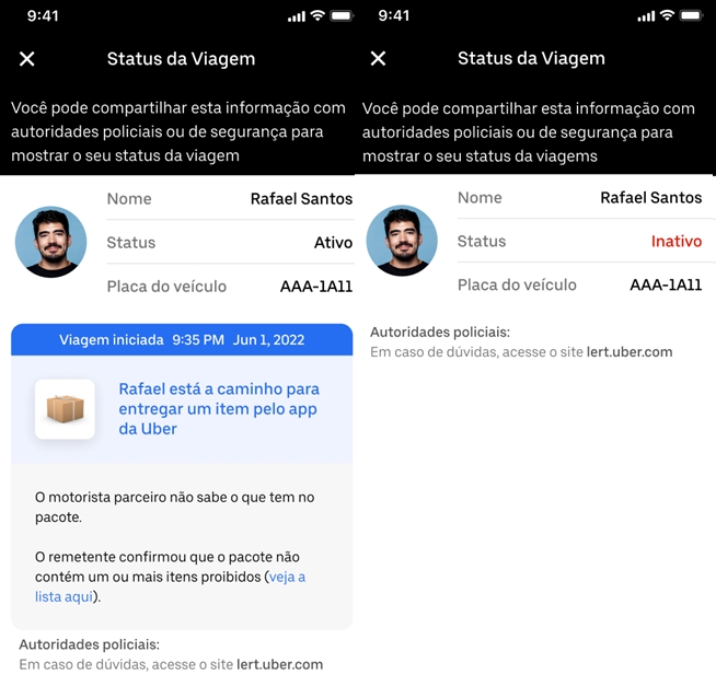 Status de Viagem (imagem: divulgação/Uber)