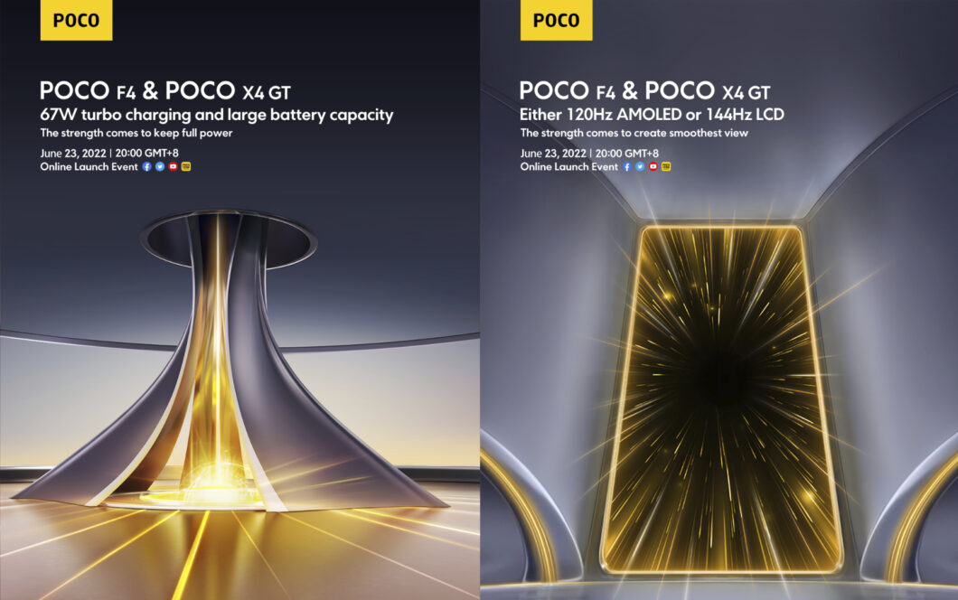 Poco X4 GT e Poco F4 terão recarga rápida e tela de até 144 Hz (Imagem: Divulgação/Xiaomi)