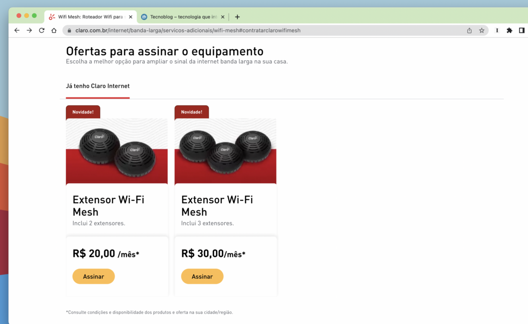 Claro Wi-Fi Mesh tem pacotes com preços a partir de R$ 20 (Imagem: Reprodução/Tecnoblog)
