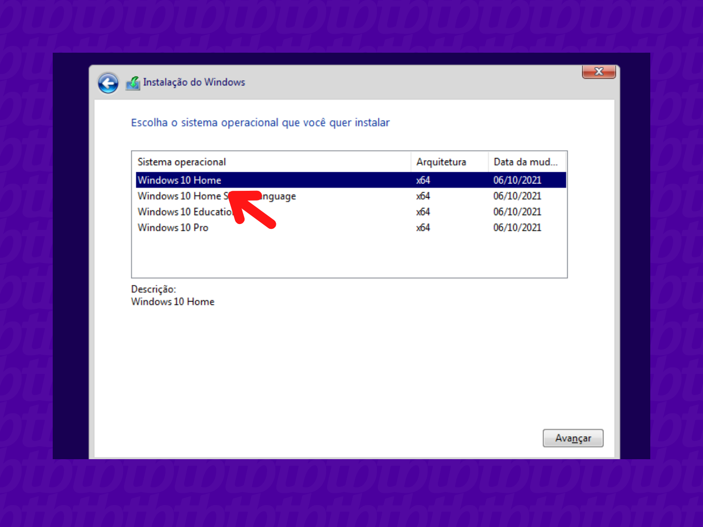 Tela de instalação do Windows 10 com a versão Home em destaque