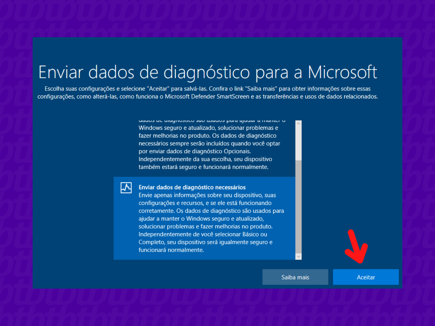 Tela para enviar ou não dados de diagnóstico para a Microsoft