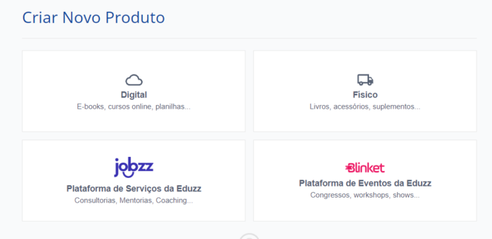 Página de criação de produtos da Eduzz