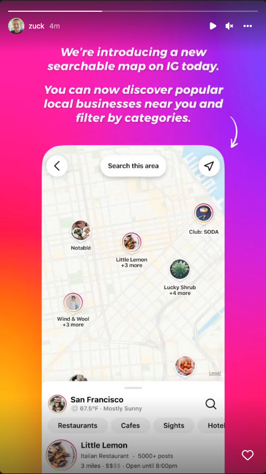 Mark Zuckerberg compartilhou um story mostrando como funciona o Mapa do Instagram