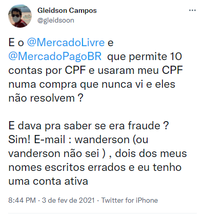 Cliente do Mercado Livre reclama de fraude usando seu CPF