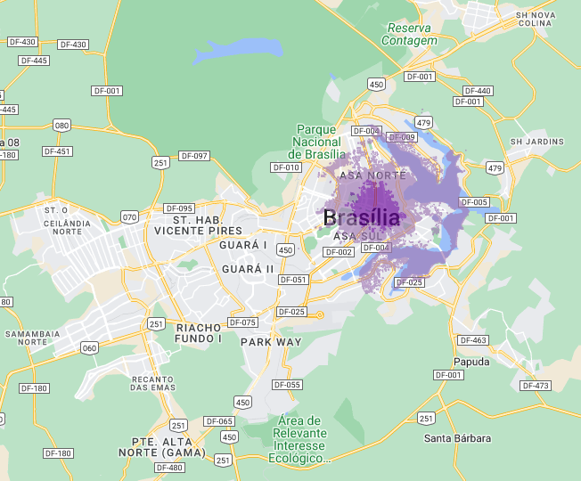 Mapa do 5G da Vivo em Brasília; cor escura representa conectividade em ambientes internos, e clara, externos