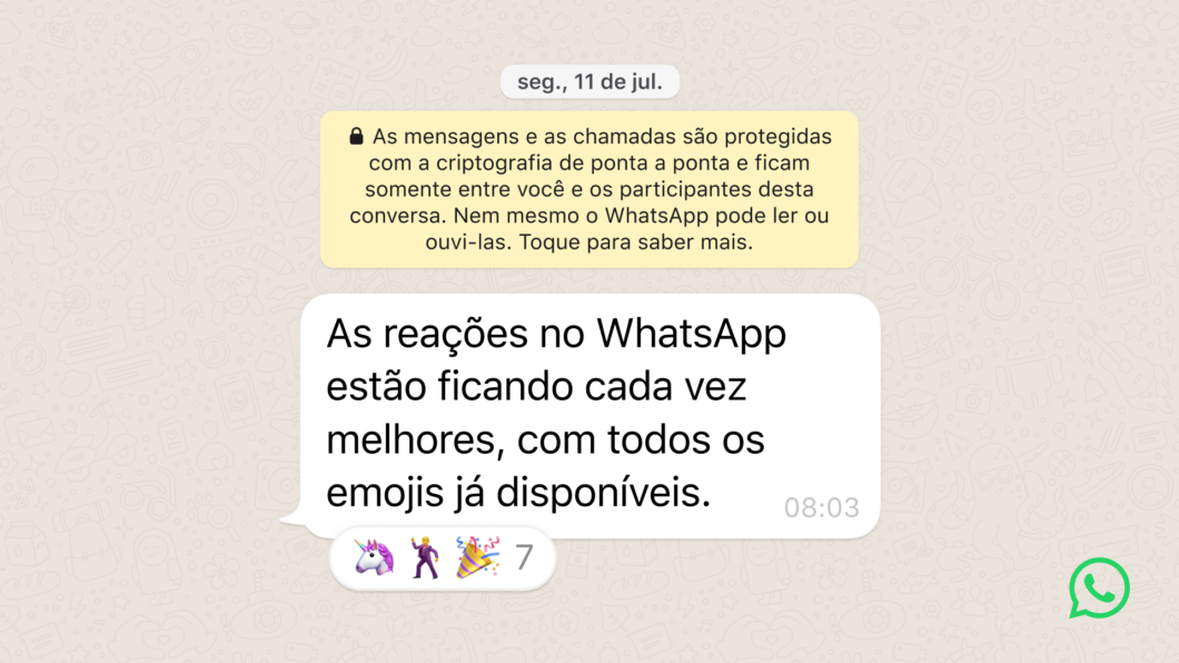 WhatsApp expande a opção de emojis ao reagir a mensagens (Imagem: Divulgação)