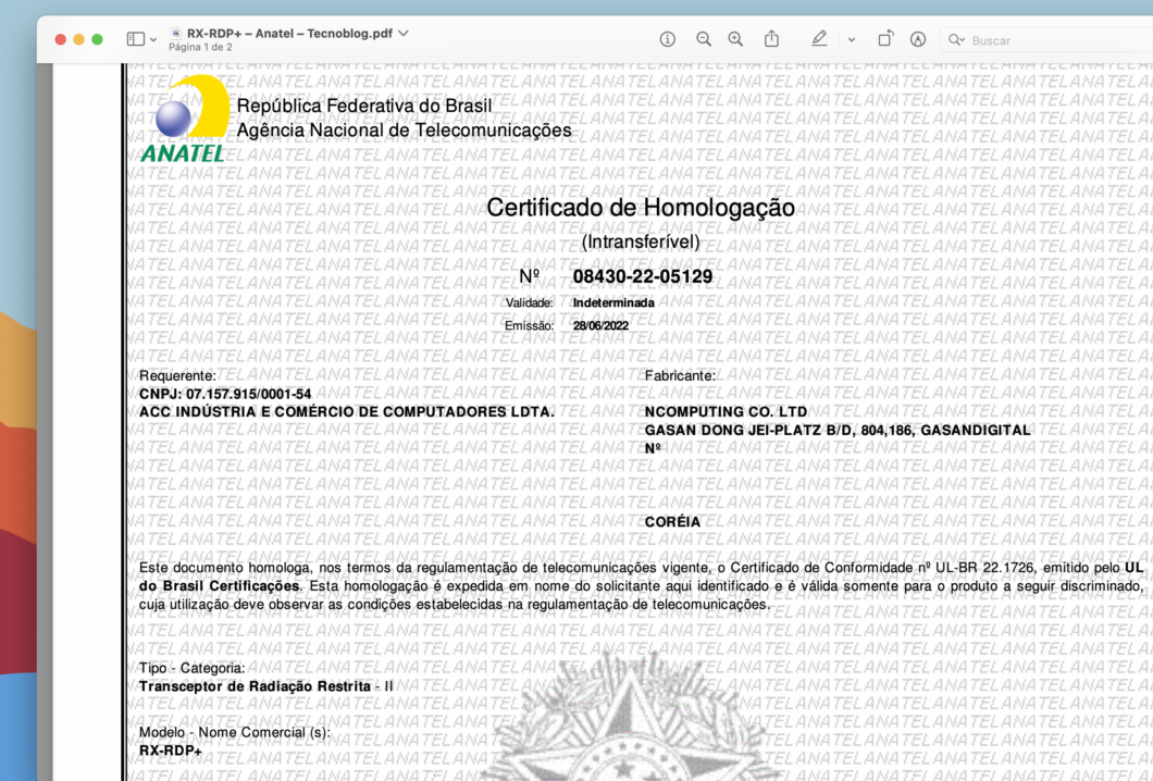 Certificado de homologação do RX-RDP+ (Imagem: Reprodução/Tecnoblog)