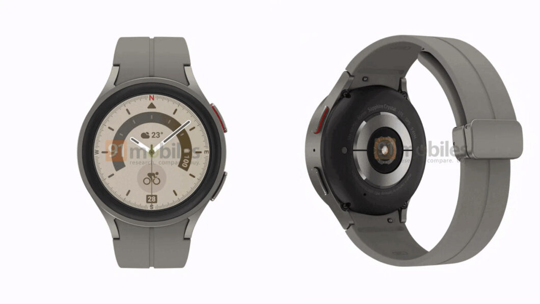 Galaxy Watch 5 Pro aparece em imagens vazadas: relógio deve abandonar coroa giratória (Imagem: Reprodução/91Mobiles)