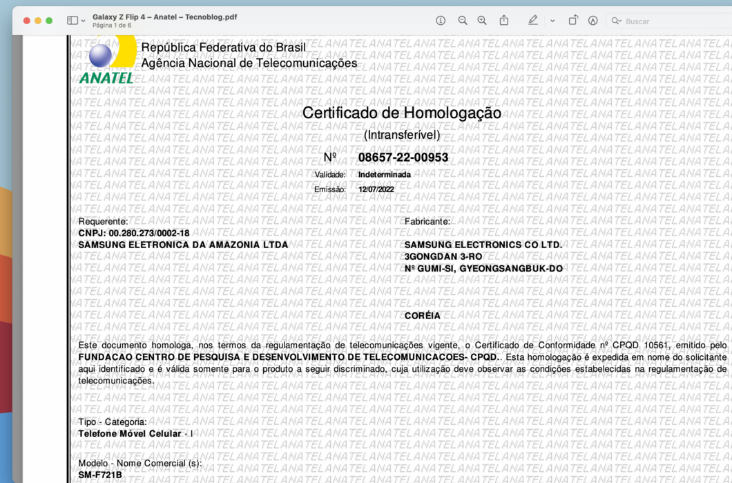 Certificado de homologação do Galaxy Z Flip 4 (Imagem: Reprodução/Tecnoblog)