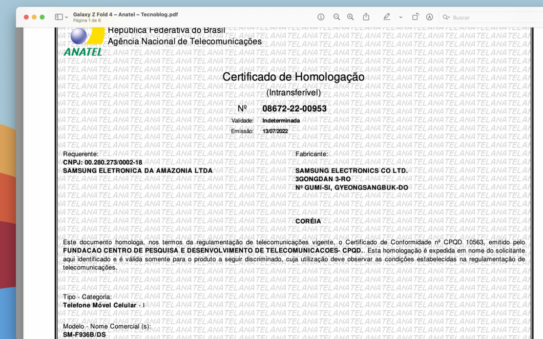 Certificado de homologação do Galaxy Z Fold 4 (Imagem: Reprodução/Tecnoblog)