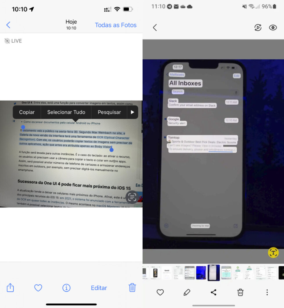 Galeria da One UI 5 (direita) terá opção para reconhecer textos de imagens como no iOS 15 (esquerda) (Imagem: Reprodução/Tecnoblog e 9to5Google)