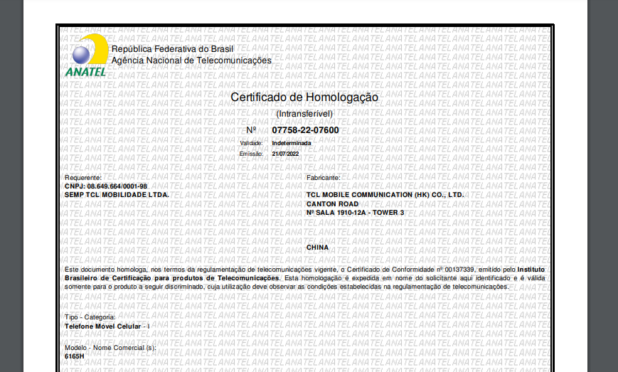Certificado de homologação do TCL 30 SE (Imagem: Reprodução/Tecnoblog)