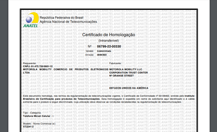 Certificado de homologação do Motorola Edge 30 Ultra (Imagem: Reprodução/Tecnoblog)