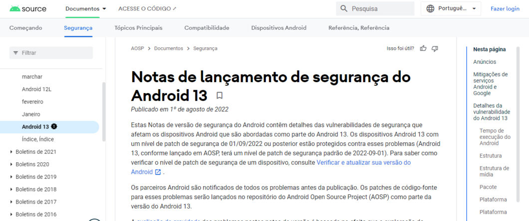 Boletim de segurança do Android 13 (Imagem: Reprodução/Google)
