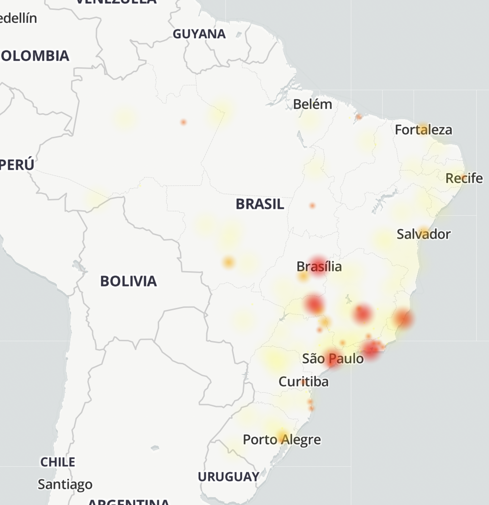 Mapa do DownDetector com reclamações sobre o WhatsApp nesta quinta-feira (18)
