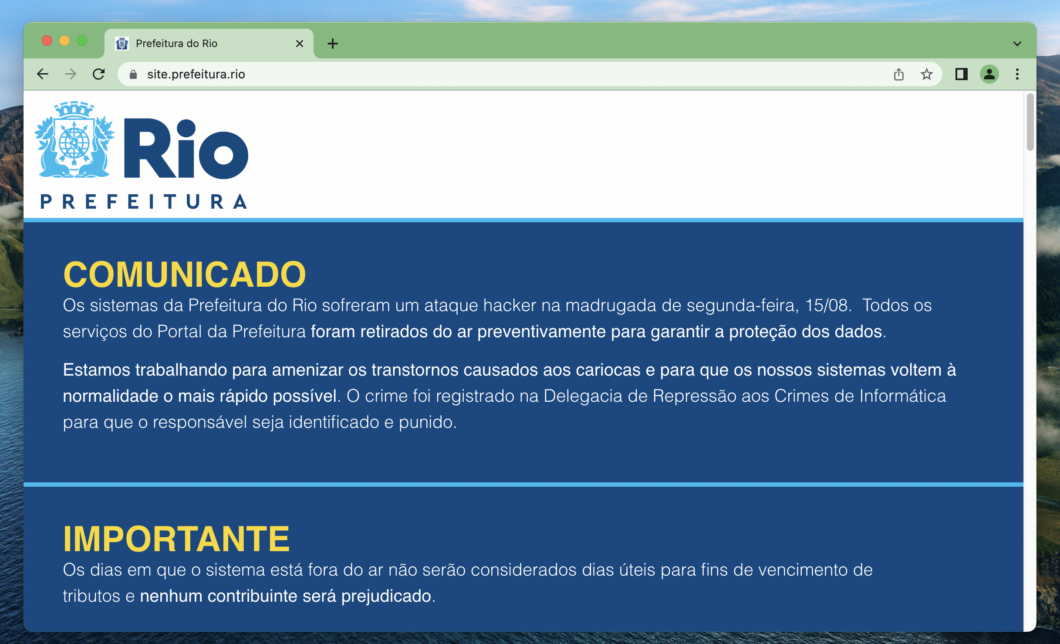 Site da Prefeitura do Rio para comunicados