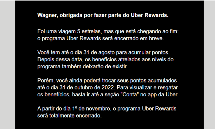 Email sobre o fim do Uber Rewards (imagem: Wagner Pedro/Tecnoblog)