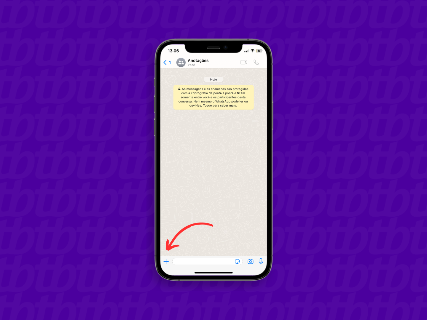 Mockup de iPhone com print de conversa do WhatsApp. Uma seta indica o botão "+", localizado no canto inferior esquerda da tela.
